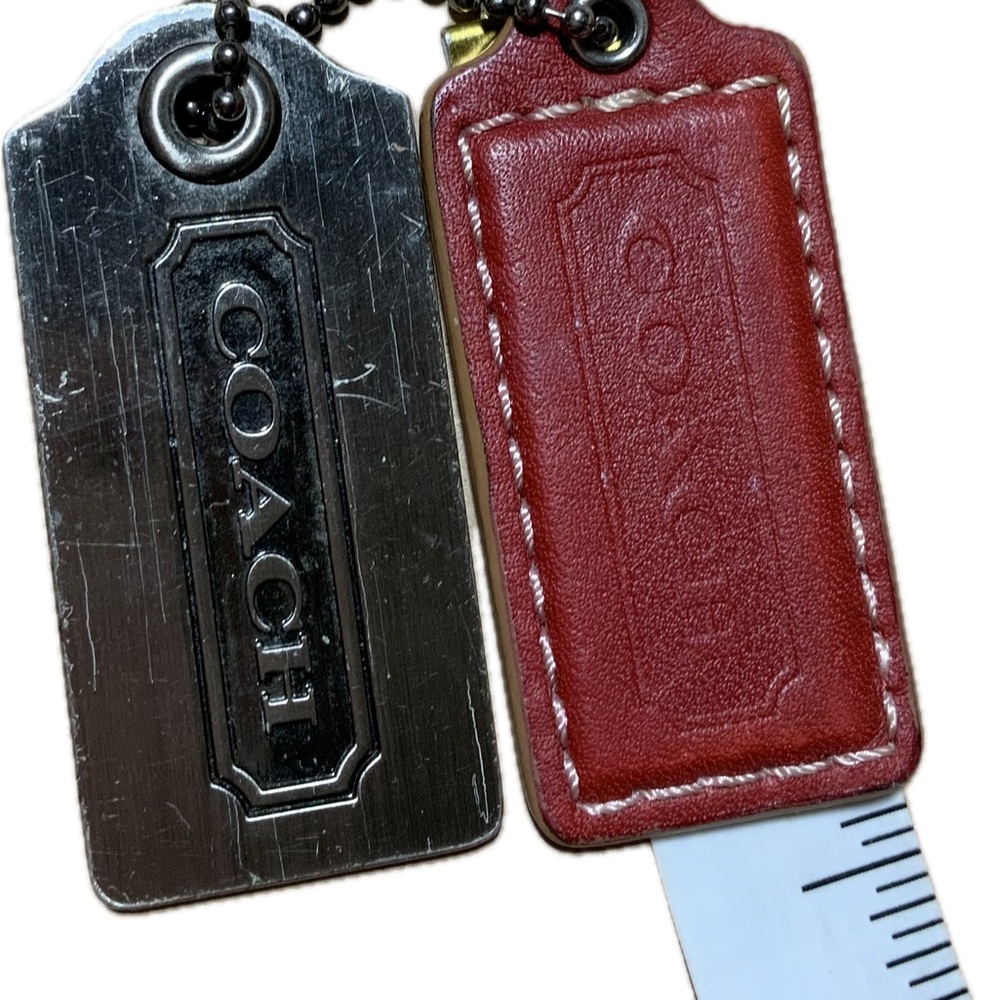 COACH 2 SILVER TONE NICKEL FOB BAG CHARM KEYCHAIN 2 HANG TAGS and RED LEATHER Ta - Picture 3 of 8